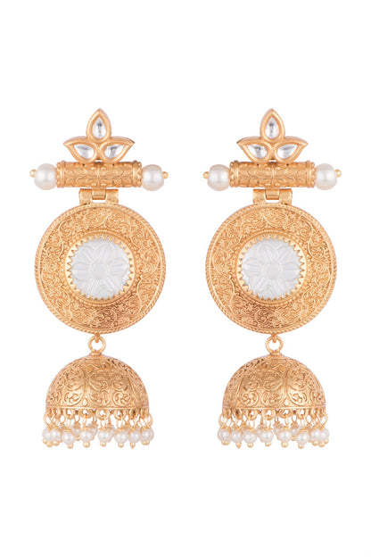 Gold Finish White Stone & Kundan Polki Jhumka Earrings