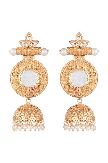 Gold Finish White Stone & Kundan Polki Jhumka Earrings