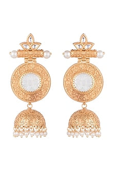 Gold Finish White Stone & Kundan Polki Jhumka Earrings
