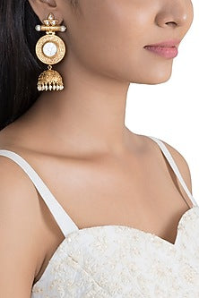 Gold Finish White Stone & Kundan Polki Jhumka Earrings