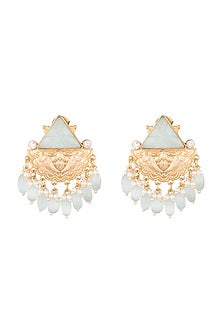 Gold Finish Blue Stone & Faux Pearl Earrings