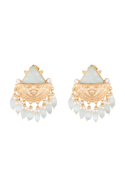 Gold Finish Blue Stone & Faux Pearl Earrings