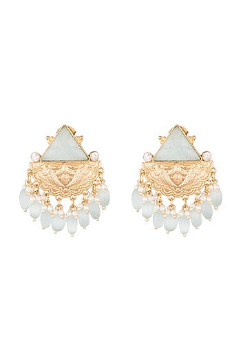 Gold Finish Blue Stone & Faux Pearl Earrings