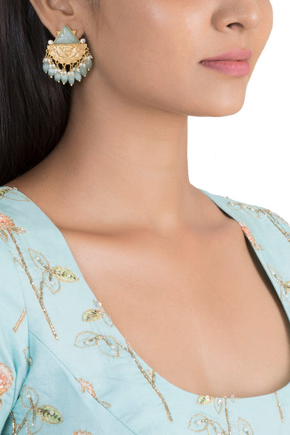 Gold Finish Blue Stone & Faux Pearl Earrings