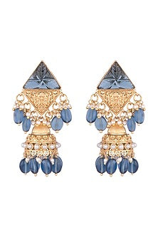 Gold Finish Faux Pearl & Dark Blue Stone Earrings
