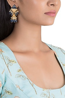 Gold Finish Faux Pearl & Dark Blue Stone Earrings