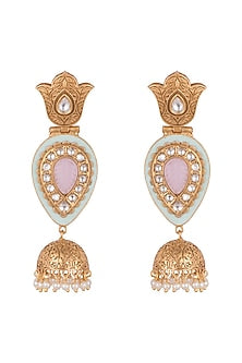 Gold Finish Kundan Polki & Blue Enameled Jhumka Earrings