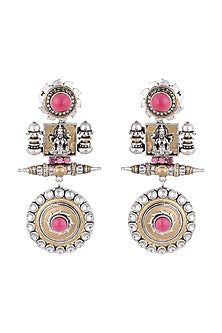Black Rhodium Finish Kundan Polki & Pink Stone Earrings
