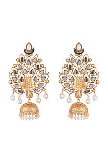 Gold Finish Faux Pearl & Blue Stone Peacock Earrings