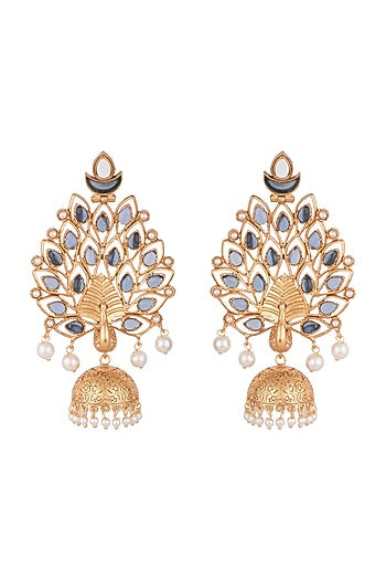 Gold Finish Faux Pearl & Blue Stone Peacock Earrings