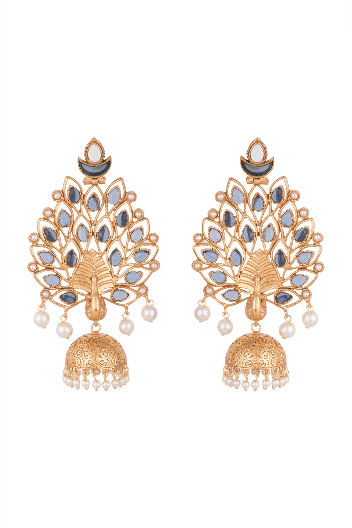 Gold Finish Faux Pearl & Blue Stone Peacock Earrings