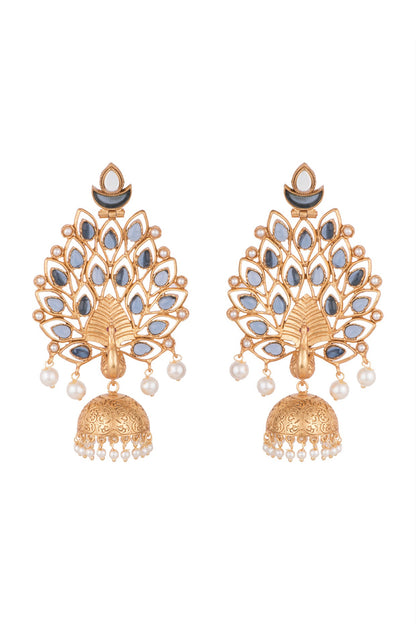 Gold Finish Faux Pearl & Blue Stone Peacock Earrings