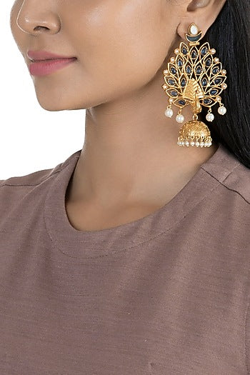 Gold Finish Faux Pearl & Blue Stone Peacock Earrings
