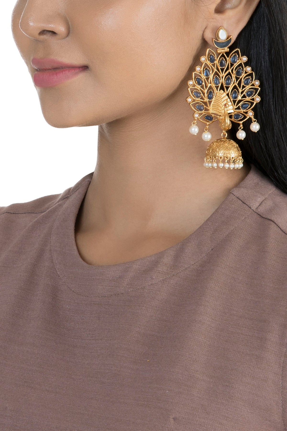 Gold Finish Faux Pearl & Blue Stone Peacock Earrings