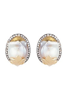 Gold Finish Faux Pearl & Diamond Uneven Shaped Stud Earrings