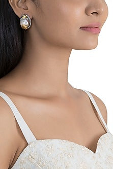 Gold Finish Faux Pearl & Diamond Uneven Shaped Stud Earrings