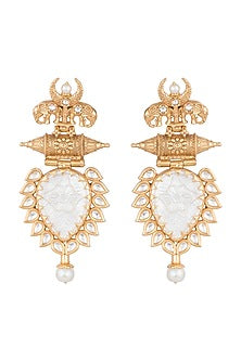 Gold Finish White Stone & Faux Pearl Earrings