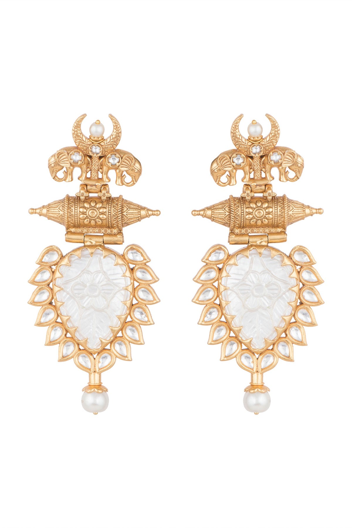Gold Finish White Stone & Faux Pearl Earrings