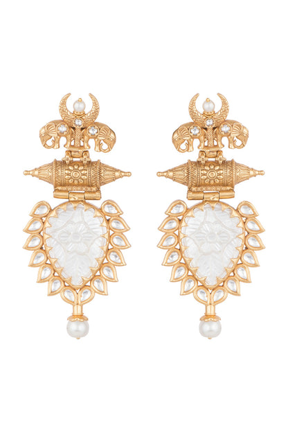 Gold Finish White Stone & Faux Pearl Earrings