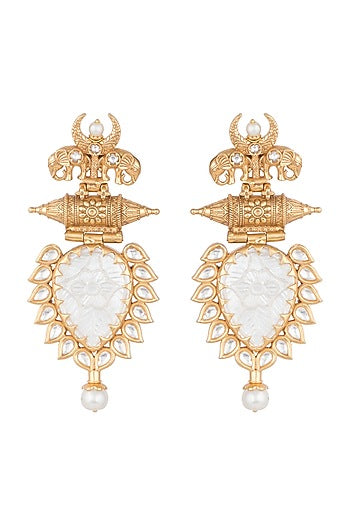 Gold Finish White Stone & Faux Pearl Earrings