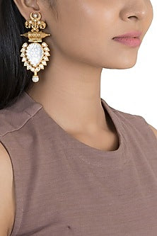 Gold Finish White Stone & Faux Pearl Earrings