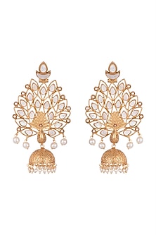 Gold Finish White Stone & Faux Pearl Peacock Earrings