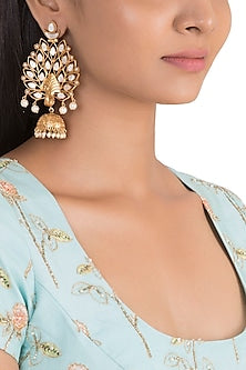 Gold Finish White Stone & Faux Pearl Peacock Earrings