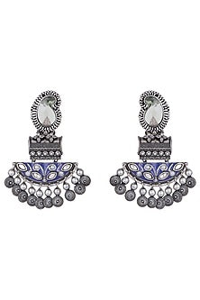 Black Rhodium Finish Green Stone Blue Enameled Earrings