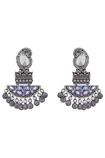Black Rhodium Finish Green Stone Blue Enameled Earrings