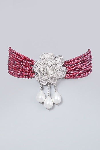 White Finish Zircon & Dark Pink Beaded Choker Necklace