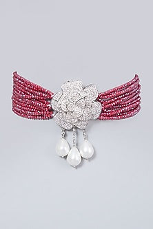 White Finish Zircon & Dark Pink Beaded Choker Necklace