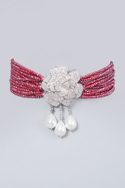 White Finish Zircon & Dark Pink Beaded Choker Necklace