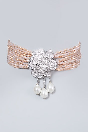 White FInish Zircon & Peach Beaded Choker Necklace