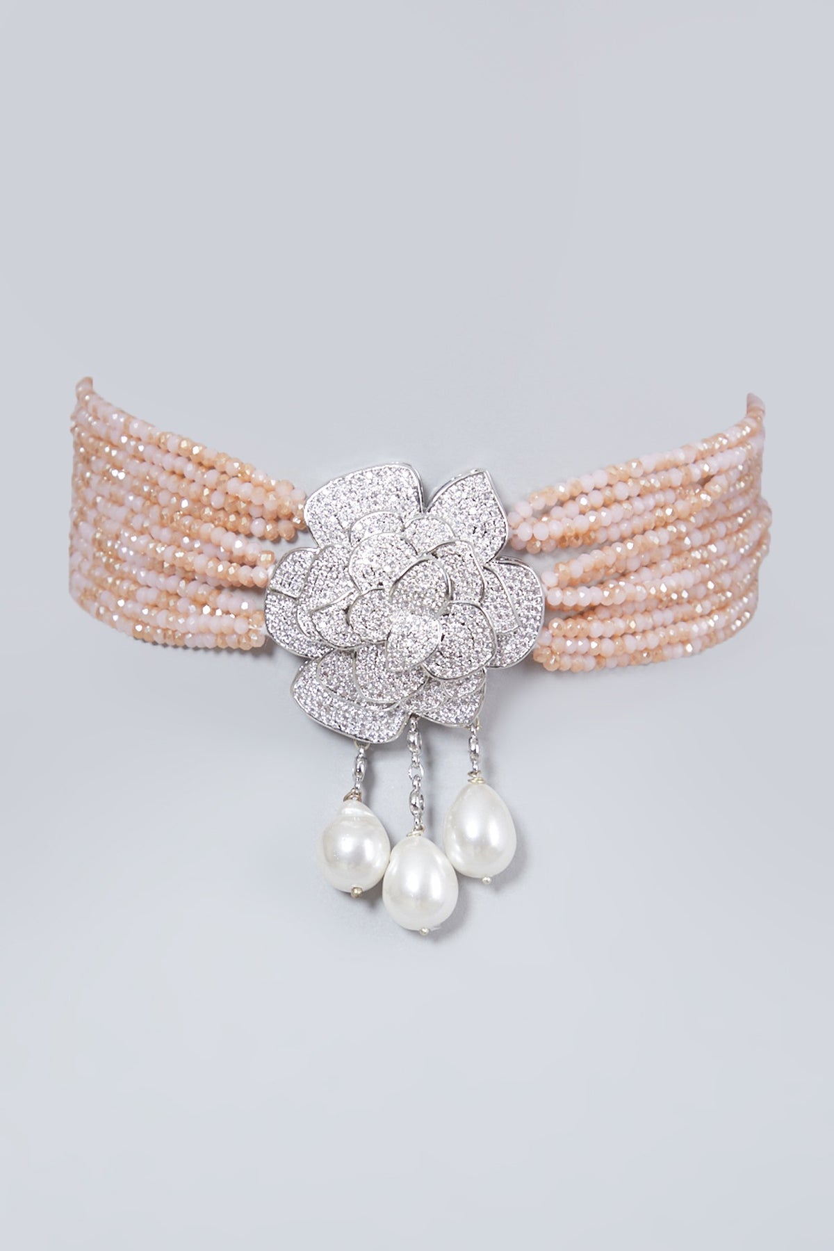 White FInish Zircon & Peach Beaded Choker Necklace