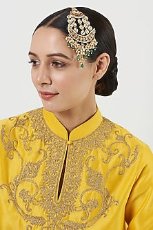 Gold Finish Kundan Polki & Green Stone Pasa