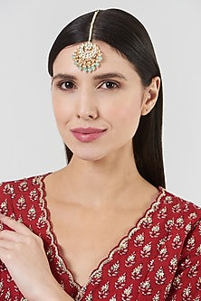 Gold Finish Kundan Polki & Aqua Blue Stone Maang Tikka