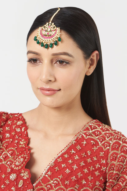 Gold Finish Green Stone & Kundan Polki Maang Tikka