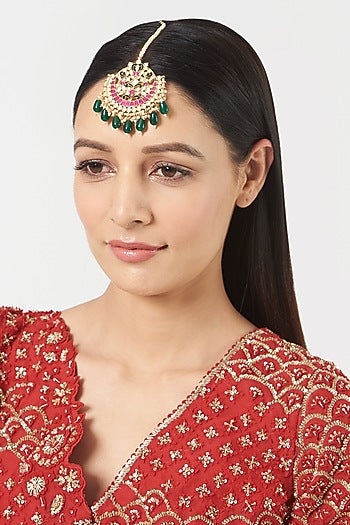 Gold Finish Green Stone & Kundan Polki Maang Tikka
