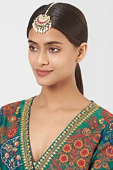 Gold Finish Kundan Polki & Pearl Maang Tikka