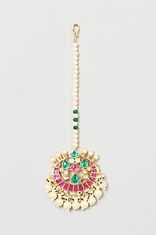 Gold Finish Kundan Polki & Pearl Maang Tikka