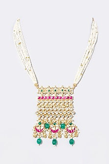 Gold Finish Pachi Kundan Polki & Pearl Long Necklace