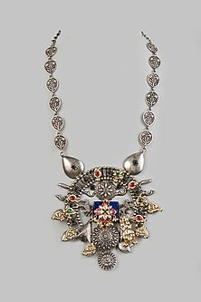 Oxidized Finish Kundan Polki & Synthetic Stone Long Necklace