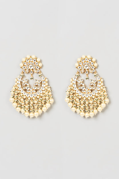 Gold Finish Pachi Kundan Polki & Pearl Chandbali Earrings