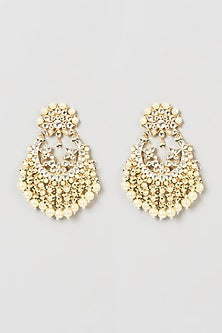 Gold Finish Pachi Kundan Polki & Pearl Chandbali Earrings