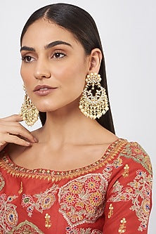 Gold Finish Pachi Kundan Polki & Pearl Chandbali Earrings