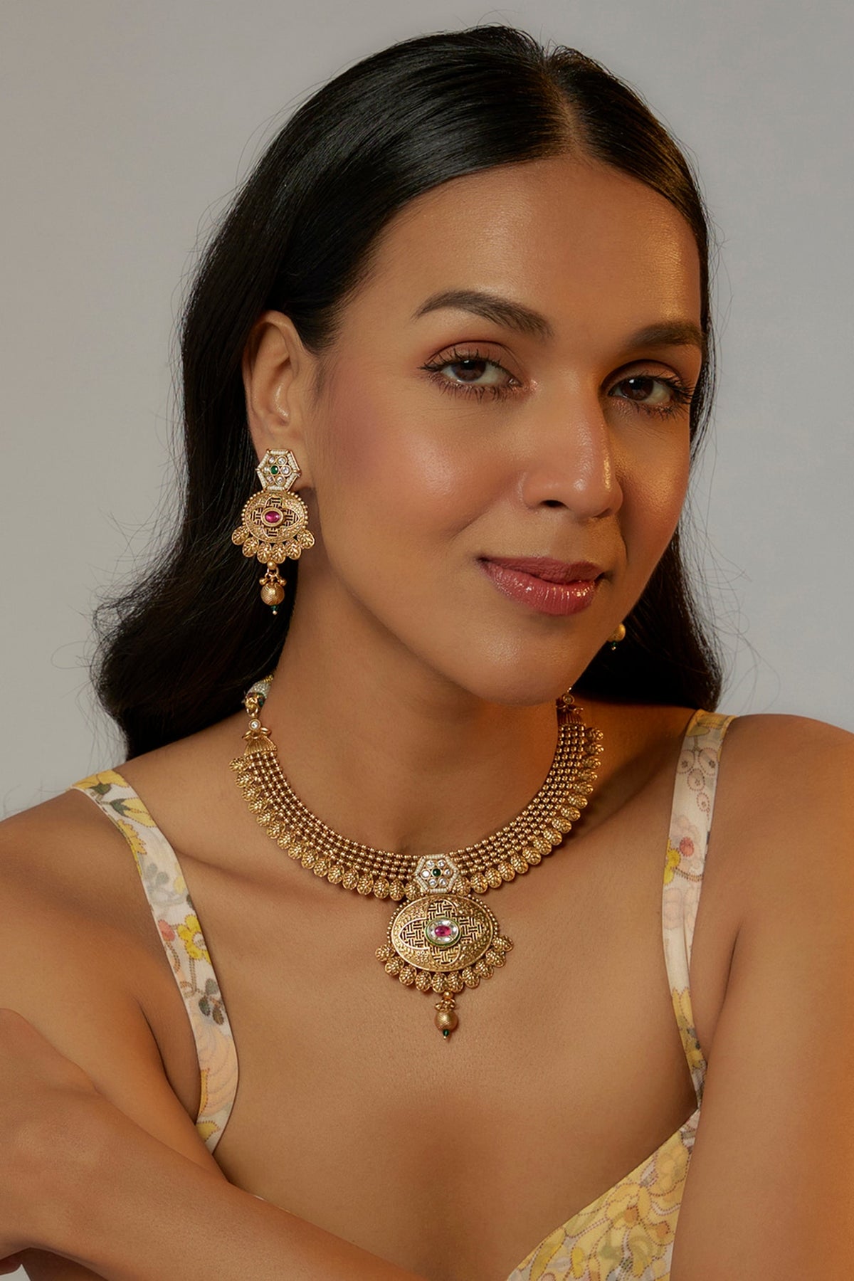 Gold Finish Kundan Polki Temple Necklace Set With Multi-Colored Stones