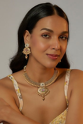Gold Finish Kundan Polki Temple Necklace Set With Multi-Colored Stones