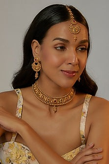 Gold Finish Red Stone Temple Necklace Set
