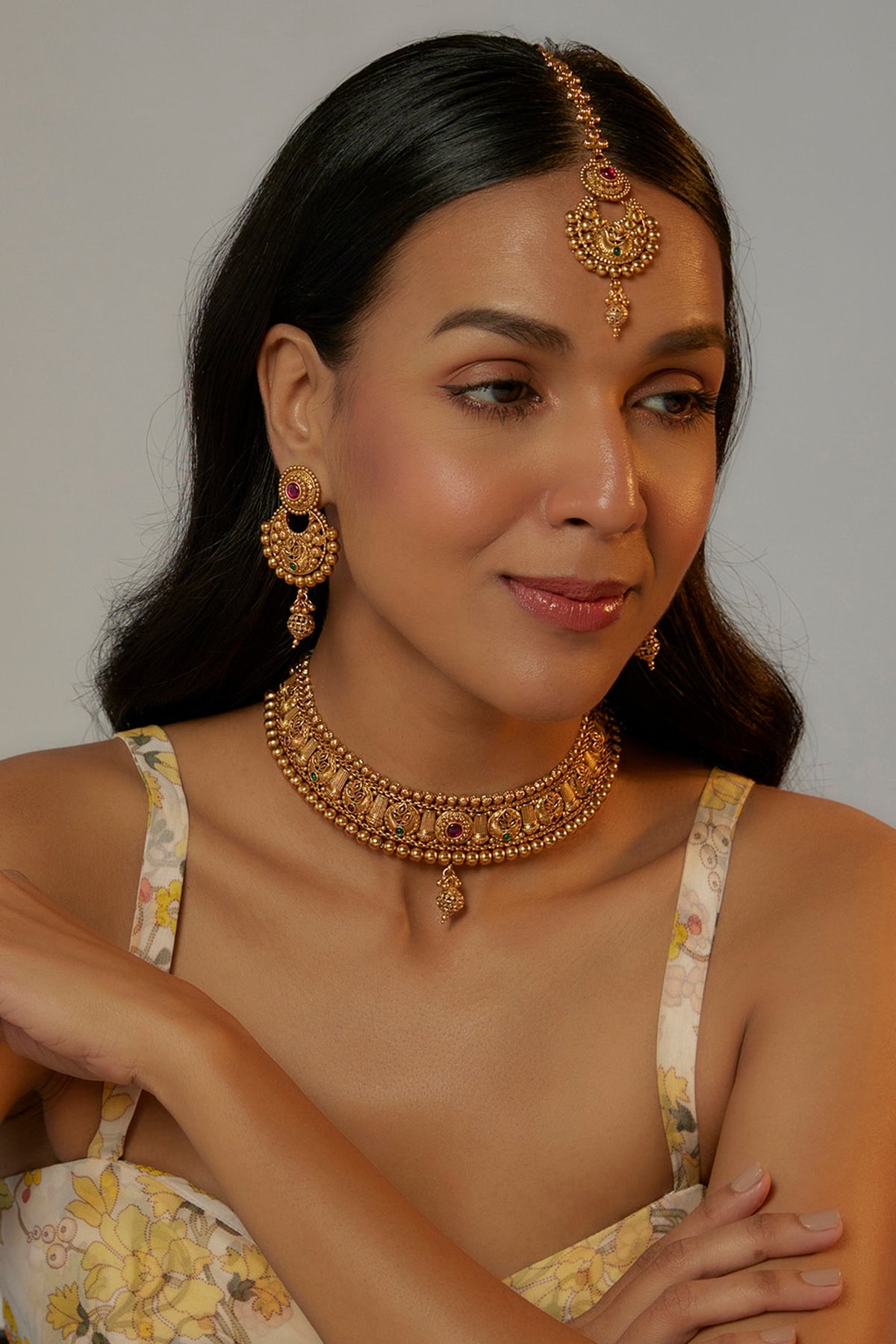 Gold Finish Red Stone Temple Necklace Set