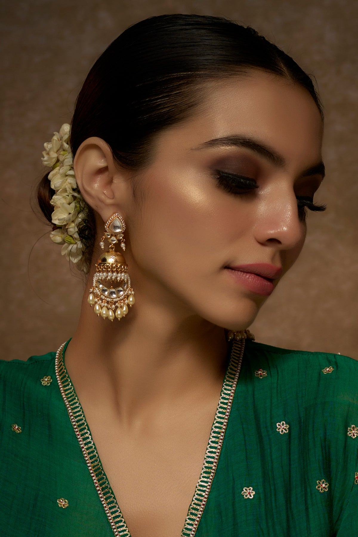 Gold Finish Kundan Polki Temple Chandbali Earrings